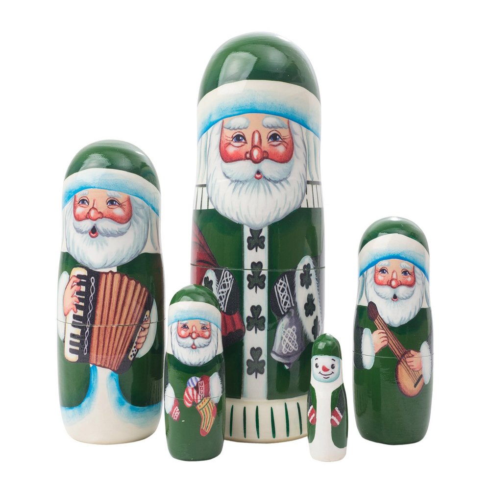 Golden Cockerel Made in Russia Authentic Irish Santa Nesting Doll 5pc./5 Saint Nicholas Collectible Babushka Russian Doll 100% Guaranteed!