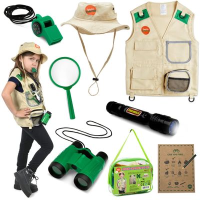 Born Toys Premium Outdoor Explorer Kit for Kids for Dress Up & Pretend Play Costumes for Boys & Girls 3-7 w/ Washable Kids Safari Vest Safari Hat and Binoculars- Outdoor Explorer Set & Scavenger Hunt