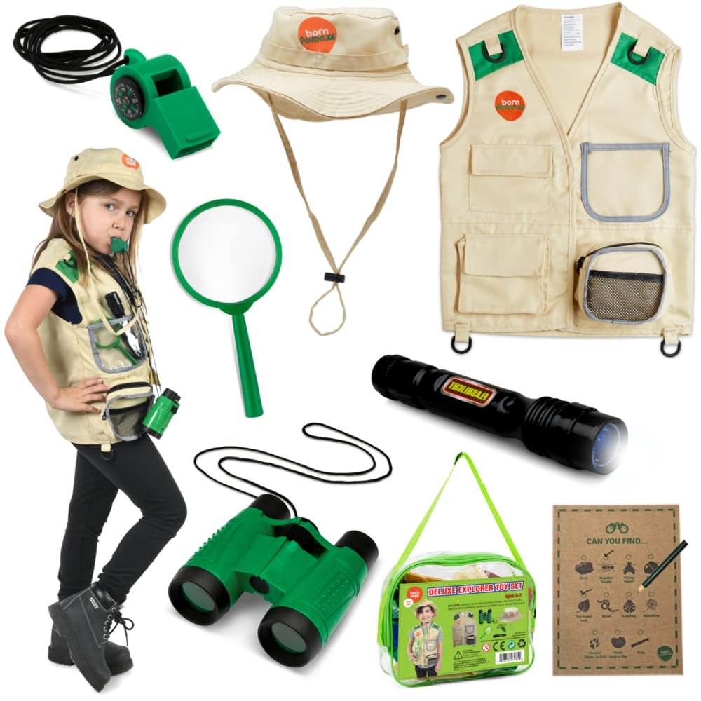 Born Toys Premium Outdoor Explorer Kit for Kids for Dress Up & Pretend Play Costumes for Boys & Girls 3-7 w/ Washable Kids Safari Vest Safari Hat and Binoculars- Outdoor Explorer Set & Scavenger Hunt