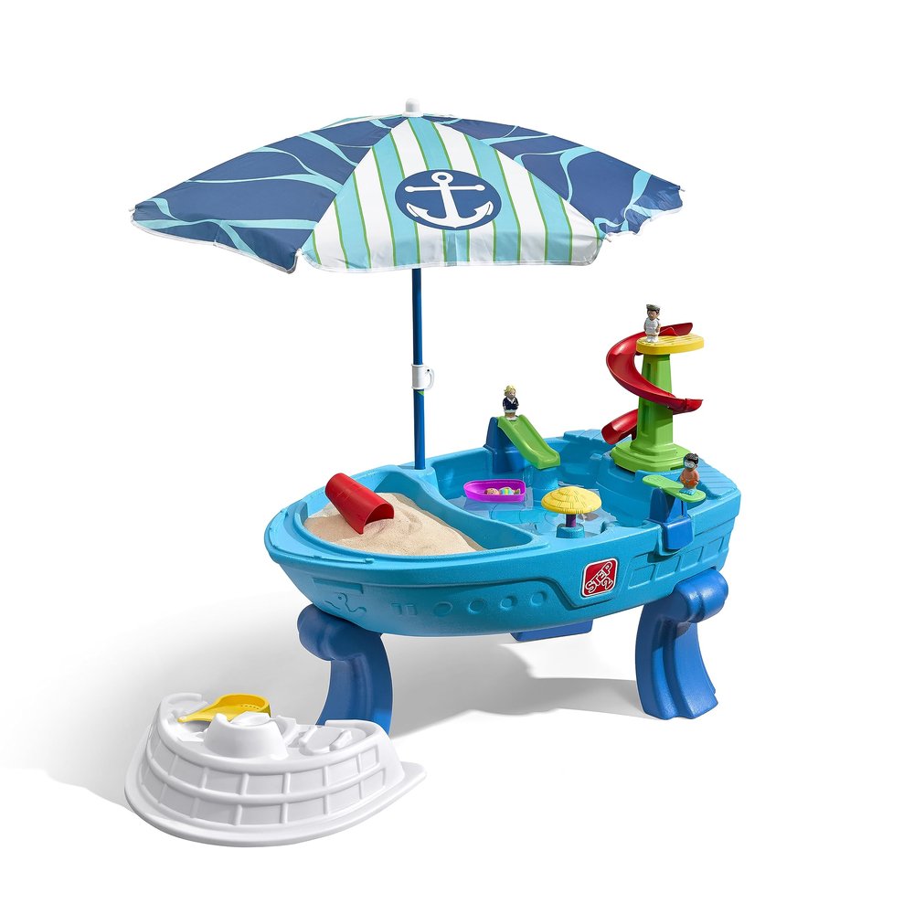Step2 Fiesta Cruise Sand & Water Table with Umbrella, Kids Activity Sensory Playset, Summer Outdoor Toys, 10 Piece Water Toy Accessories, for Toddlers 2+ Years Old