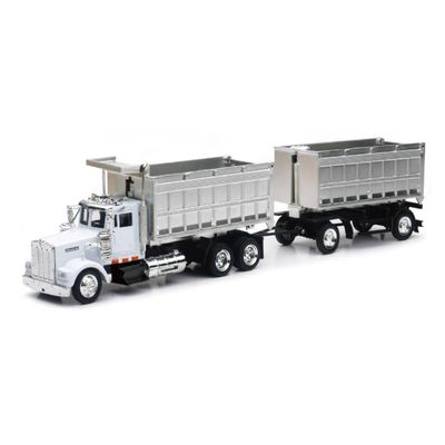 Kenworth W900 Double Dump Truck with Trailer in Red and Chrome, cab is die-cast Metal, Balance is high Impact Plastic,unisex-children