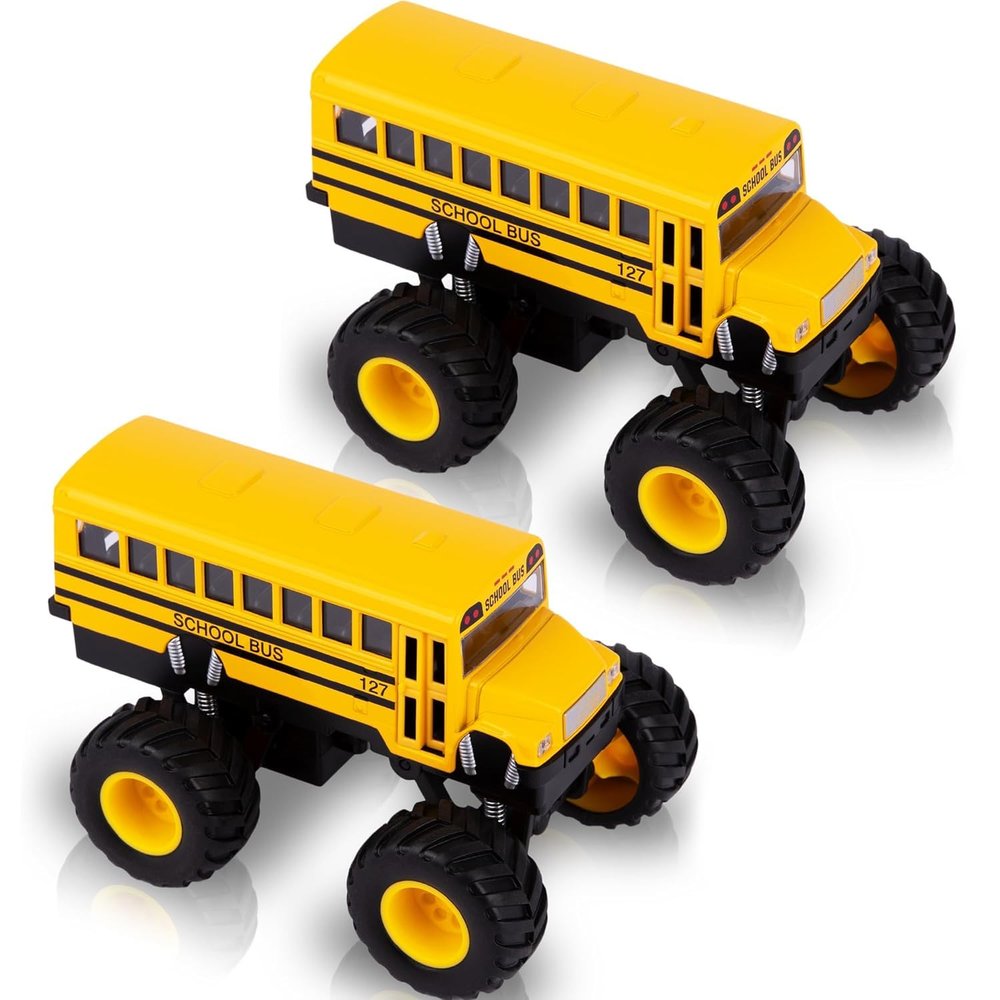ArtCreativity 5 Inch Pull Back School Bus Toy Set - Set of 2 - Includes 5 Inch Monster-Wheel Bus, Diecast Playset with Pull Back Mechanism, Great Gift Idea for Kids