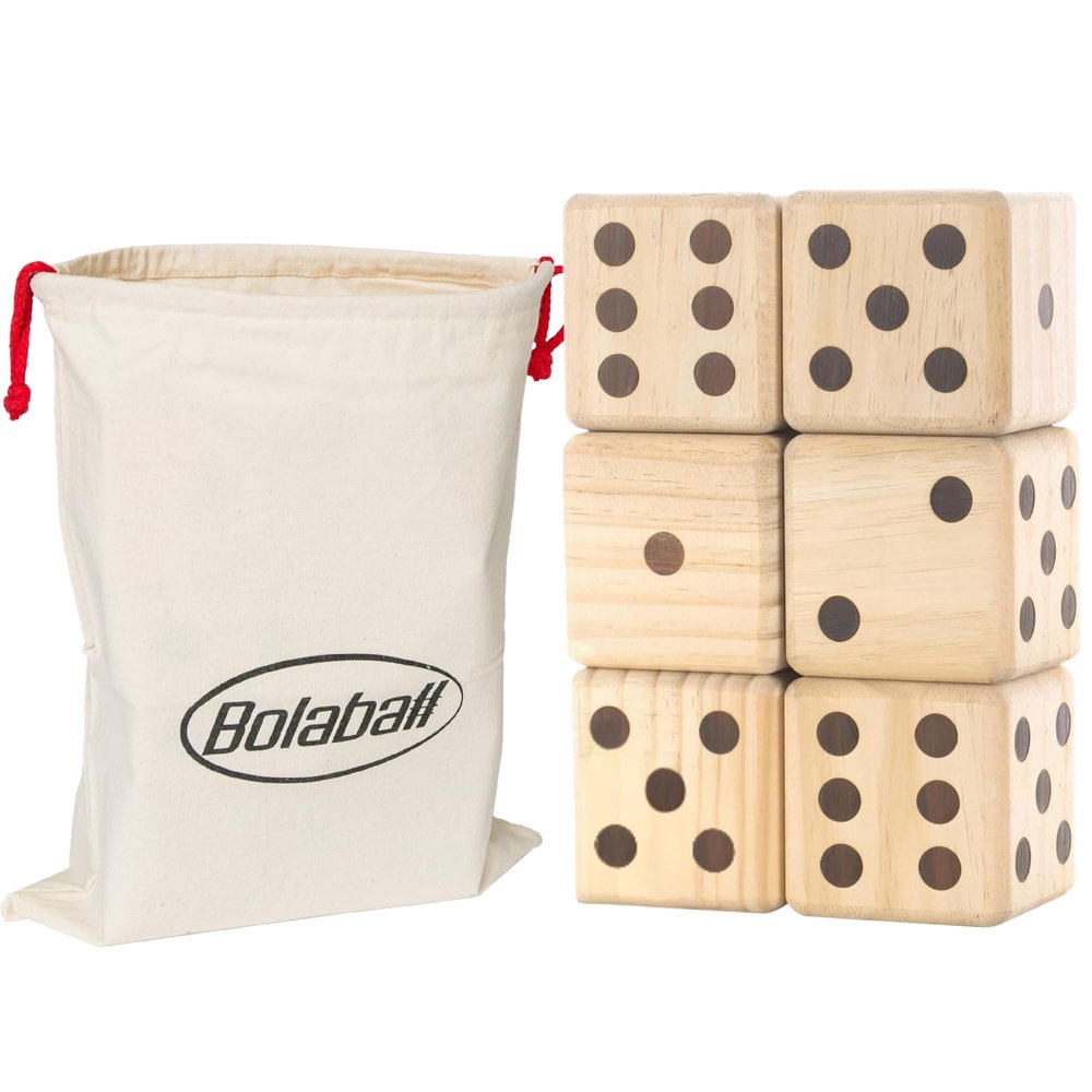 Bolaball 3.5" Giant Wooden Yard Dice Set  Durable Outdoor Fun Kit Includes 6 Large Dice with Sturdy Carry Bag for Parties, Beach, Lawn Games, and Easy Storage; Superior Crafted Hardwood Design