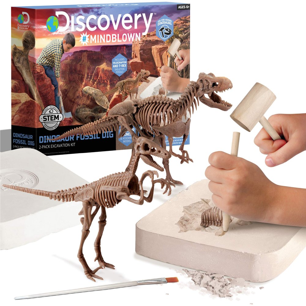 Discovery Dinosaur Fossil Dig Kit Excavate & Assemble T-Rex & Velociraptor Skeletons| 3D Dino Bones Puzzles| Jurassic Paleontology Toy for Kids| STEM Science Activity Set| Girls & Boys Gift Ages 6+