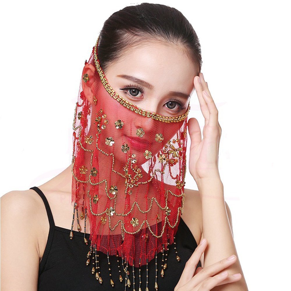 Belly Dance Face Veil India Dance Outfit Halloween Carnival Costumes Head Face Veil (red)