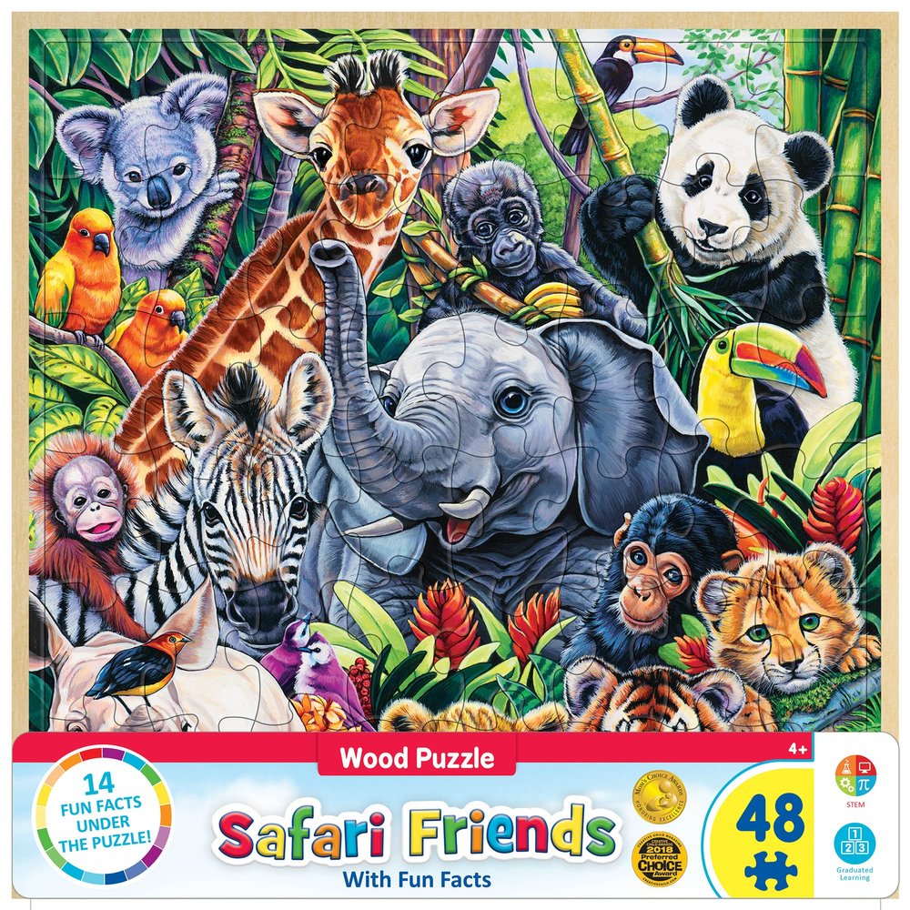 Masterpieces 48 Piece Fun Facts Jigsaw Puzzle for Kids - Safari Friends Wood Puzzle - 12"x12"