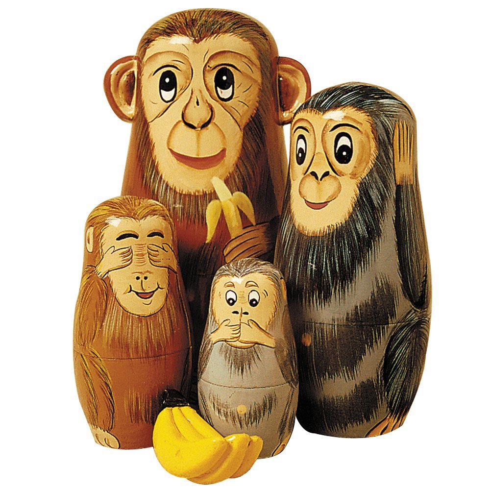 Bits and Pieces - Nesting Monkeys - Hand Painted Wooden Nesting Dolls - Matryoshka - Set of 5 Dolls from 6" Tall