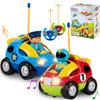 Prextex 2 Pack Cartoon Remote Control Cars for Toddlers - Police Car and Race Car with Steering Wheel Controllers and Lights - Different Frequencies So Both Can Race Together - Toddler Gift 18+ Months view 1