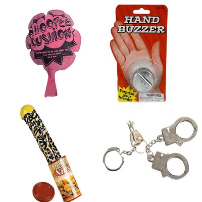 DISCOUNT PARTY AND NOVELTY 4 Tricks and GAGS, Snake in NUT CAN, Hand Buzzer, WHOOPEE Cushion, Thumb Cuffs Bundle