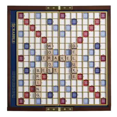 Scrabble Deluxe Travel Edition by WS Game Company | Compact Travel Game Set | Wooden Case with Hidden Storage, Raised Letter Tile Grid, and Magnetic Closure | Scrabble Board Game for 2-4 Players