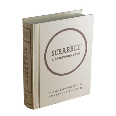 WS Game Company Scrabble Vintage Bookshelf Edition Linen Fabric-Wrapped Book Case with Solid Wood Tiles and Racks, Classic Retro Scrabble Board Game for Family Night, 2 to 4 Players, Ages 8+