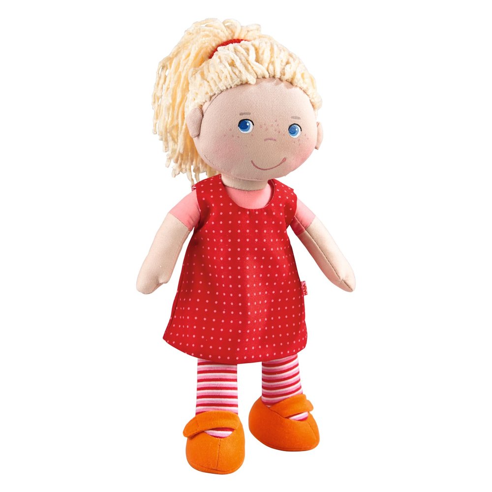 HABA 12" Soft Baby Doll Annelie with Blonde Hair, Embroidered Face, Removable Red Dress and Matching Hairband - Washable Toddler Doll for 18 Months+