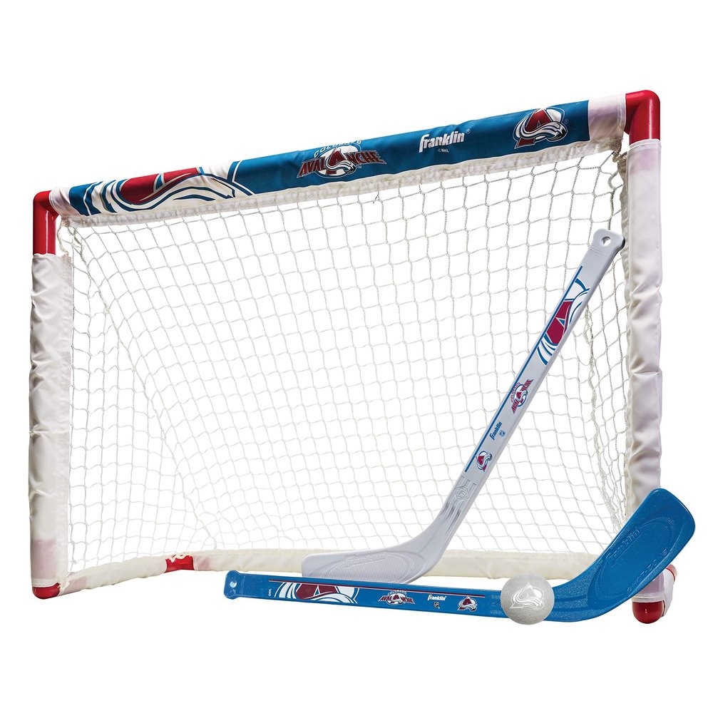 Franklin Sports NHL Colorado Avalanche Mini Hockey Set - Kids Indoor Knee Hockey Goal, Ball, + 2 Mini Stick Combo Set - Youth NHL Team Indoor Toy Sets - Ages 3+