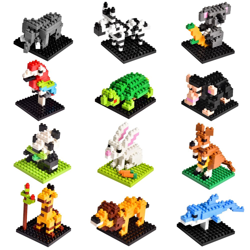 FUN LITTLE TOYS Mini Animal Building Blocks 12 Pack, No Duplicates, Individually Boxed Zoo Sets for Kids 6-12, Party Favors, Classroom Prizes, Goodie Bag Stuffers & Easter Egg Fillers