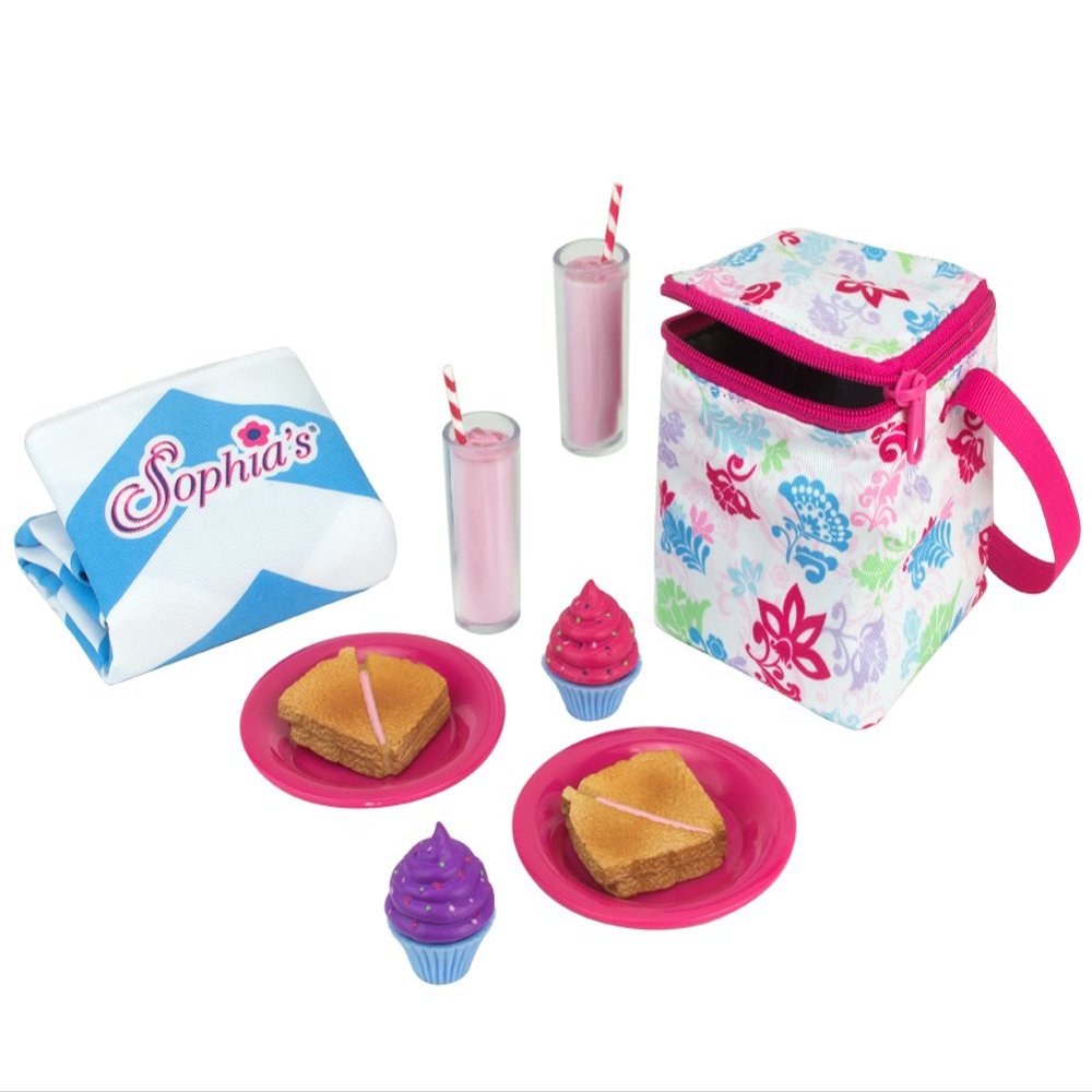 Sophia's Picnic Lunch Accessories Set with Pretend Food, Drinks, Napkins, Blanket and Thermal Cooler for 18" Dolls, Multicolor
