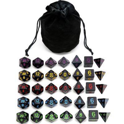 5 Sets New Black Polyhedral Dice with Satin-Lined Velvet Bag for Dungeons and Dragons DND RPG MTG D20 D12 D10 D8 D6 D4