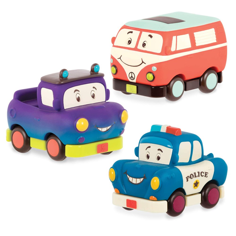 B. toys  Mini Pull  Back Vehicles Set  Set of 3 Vehicles  Truck, Camper Van, Police  12+ Months