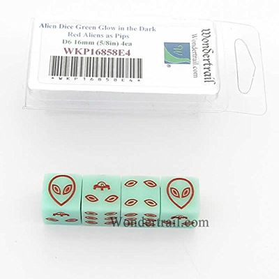 Alien Dice D6 Green Glow in The Dark with Red Aliens 16mm (5/8in) Set of 4 Wondertrail