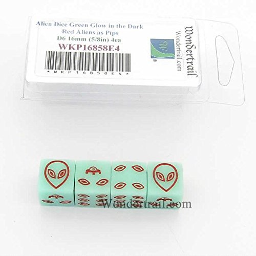 Alien Dice D6 Green Glow in The Dark with Red Aliens 16mm (5/8in) Set of 4 Wondertrail
