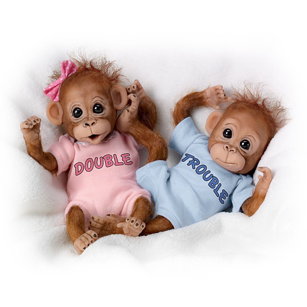 The Ashton-Drake Galleries Double Trouble Baby Orangutan Twin Dolls by Cindy Sales, Poseable Lifelike Monkey Dolls with Hand-Applied Hair and Personalized Outfits
