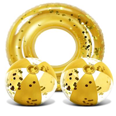 Mozlly Bundle of Gold Inflatable Pool Float Tube & Beach Balls Set of 3 - Premium Confetti Swim Ring (36") & Pool Balls (16"), Fun Water Pool Toys for Beach - 3 Pack