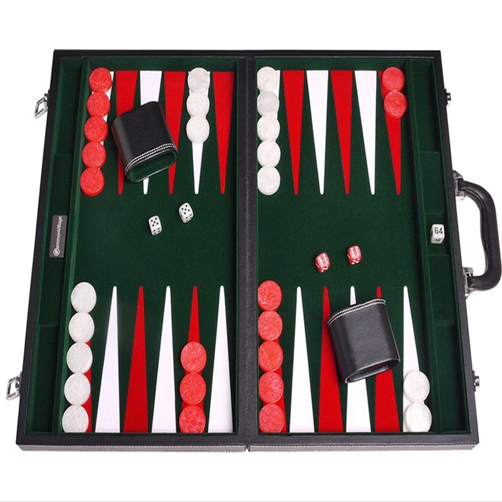 15" Leatherette Backgammon Set - Inlaid Velvet Field - Black/Green Board