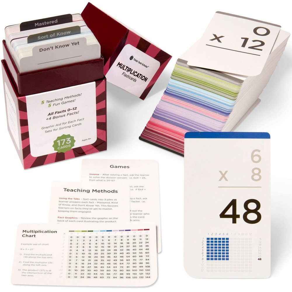Award-Winning Multiplication Flash Cards 173 Jumbo Cards (3.1 x 5.2), All Facts 012 1 Fact & Visual Aid Per Card Mastery Divider Tabs, Charts, Games & Teaching Methods Grades 26