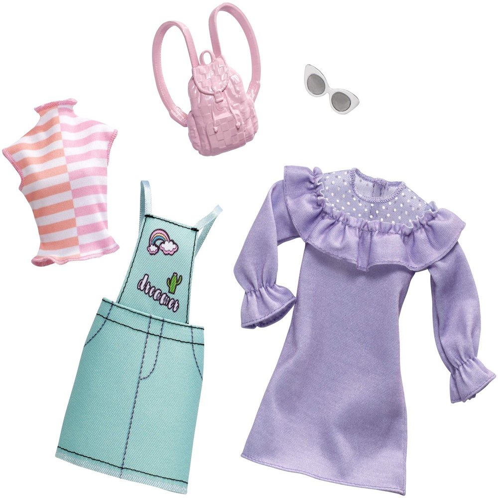 Barbie Clothes - 2 Outfits Doll Feature Pastels Like Light Green Overalls with Cute Graphics and Pink Backpack, Gift for 3 to 8 Year Olds
