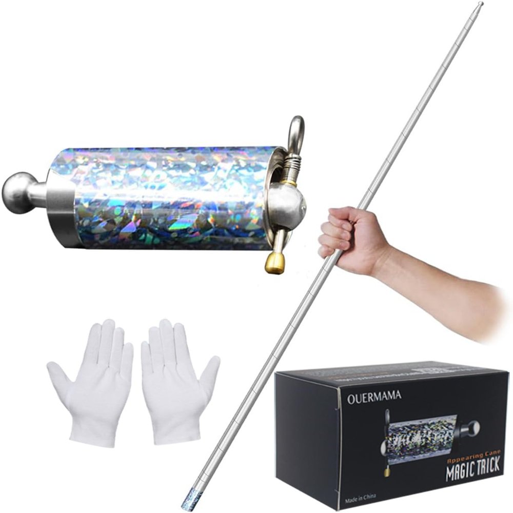 OUERMAMA Silver Magic Cane Metal Appearing Cane with Video Tutorial and Gloves, Pocket Staff Magic Tricks