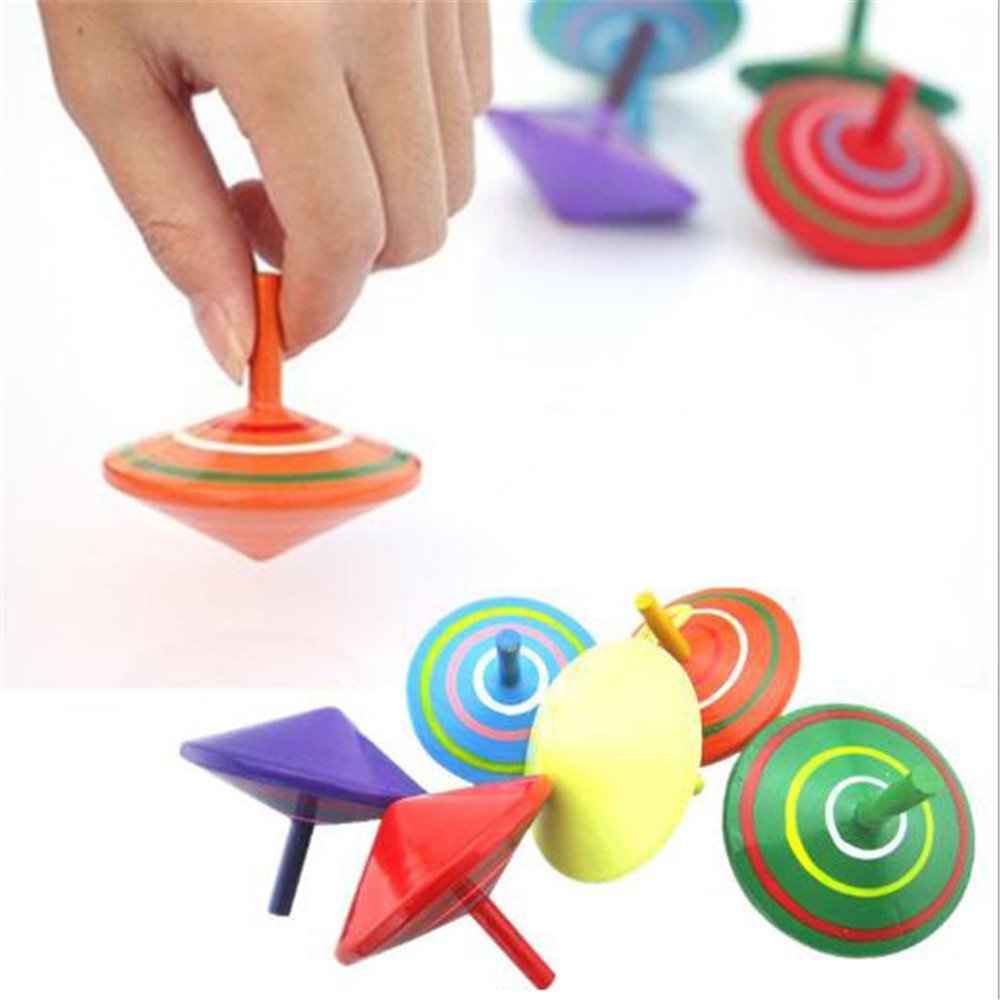 goodplay 6 Pcs Set of Handmade Painted Wood Spinning Tops, Wooden Toy Educational Toys Kindergarten Toy Standard Tops