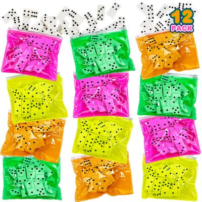 ArtCreativity Domino Game Set - Pack of 12 - Each Domino Set Includes 28 Pieces Per Neon Pink, Yellow, Green and Orange Bags - Great School, Carnival Prizes - Awesome Party Favor - Fun Game for Kids