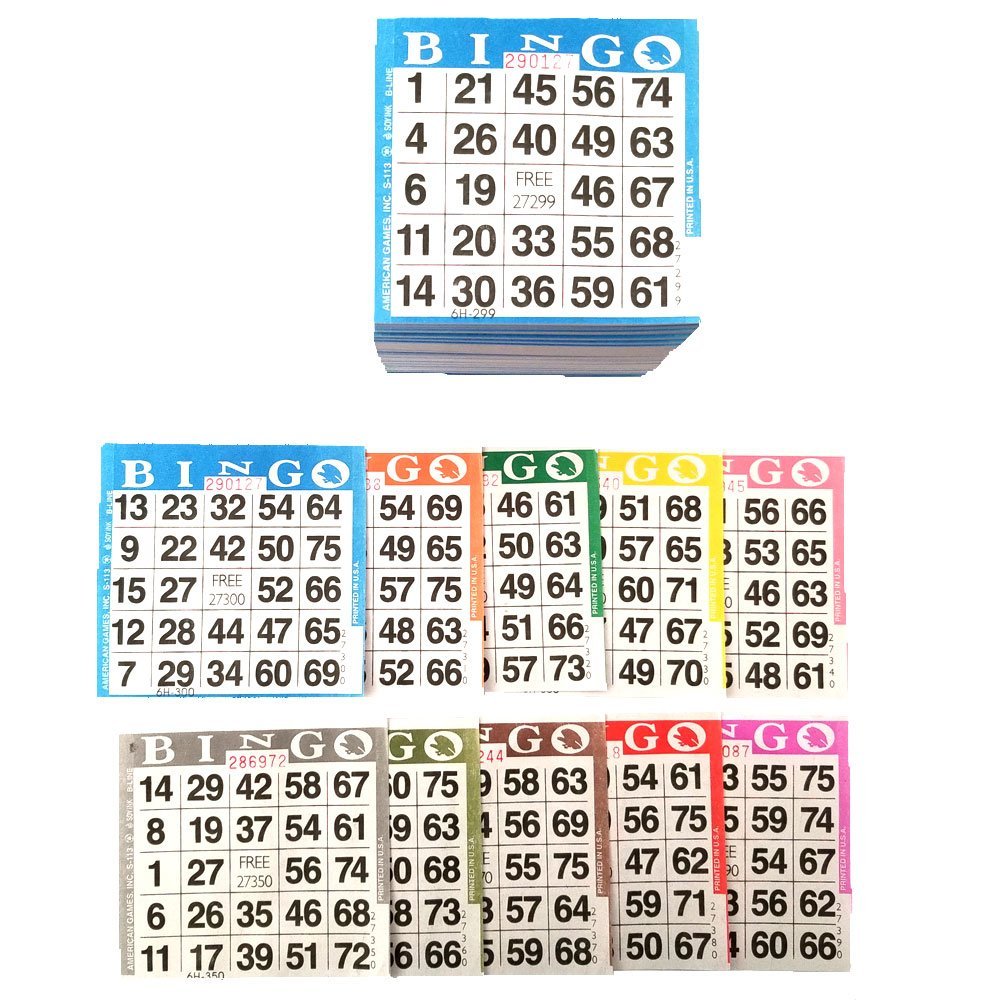 American Games Bingo Paper Game Cards - 1 Card - 10 Bingo Sheets - 200 Books - Standard Size (4" Square) - 10 Colors, Made in USA