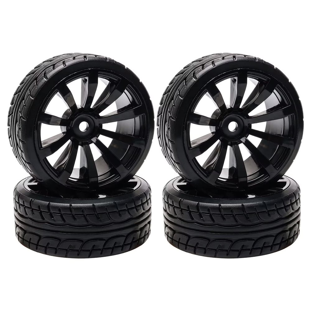 1/10 RC Drift Wheels 12mm Plastic RC Drift Tires & Black 10 Spokes Wheel Rims Pack of 4