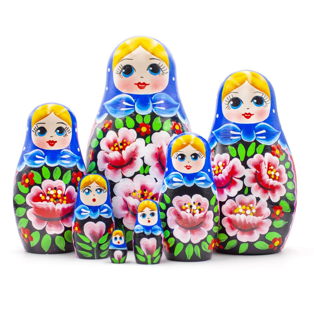 Nesting Babushka Dolls - Handmade Rose Hand-painted - Matruska Stacking 7 Dolls - Munecas rusas - Home Decor Decorations