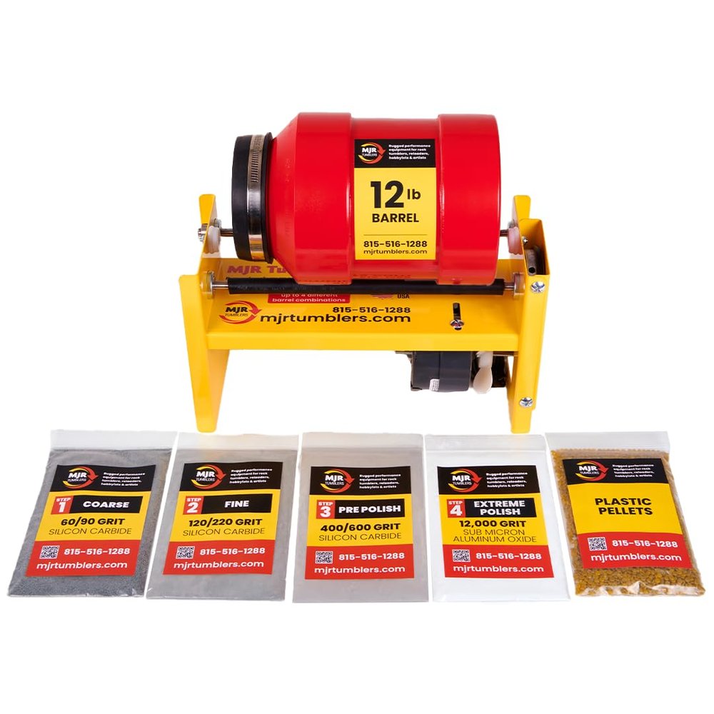 MJR Tumblers Commercial Duty 12lb Rock Tumbler w Free Grit Kit. Capable of Running 4 Different Barrel Sizes & Combinations. Unmatched Quality and Durability. A USA Disabled & Veteran Owned Company.