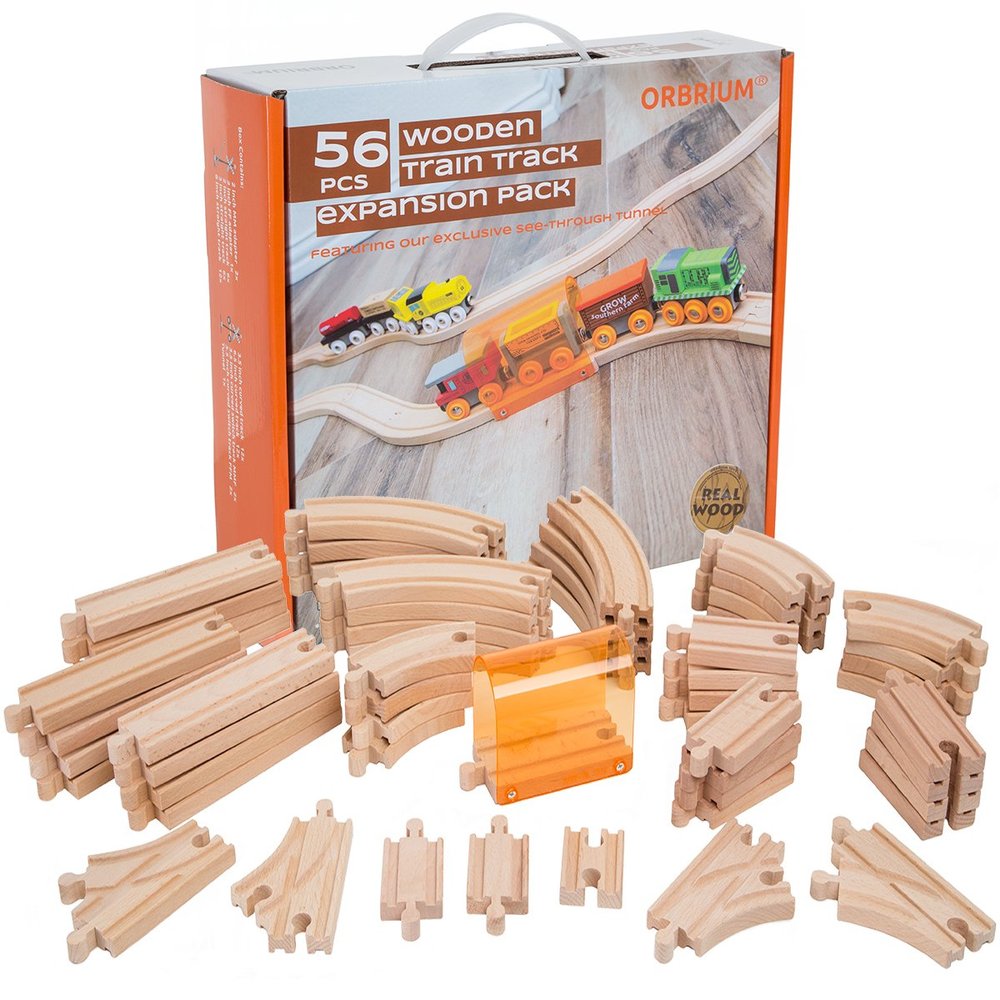 56 Piece Wooden Train Track Expansion Pack with Tunnel Compatible Thomas Wooden Railway Brio Chuggington Imaginarium Set by Orbrium Toys.
