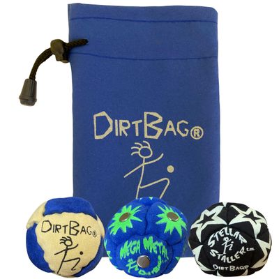 DIRTBAG All Star Footbag 3 Pack with Pouch, 100% Handmade, Premium Quality, Bright Vivid Colors, Signature Carry Bag - Yellow/Blue
