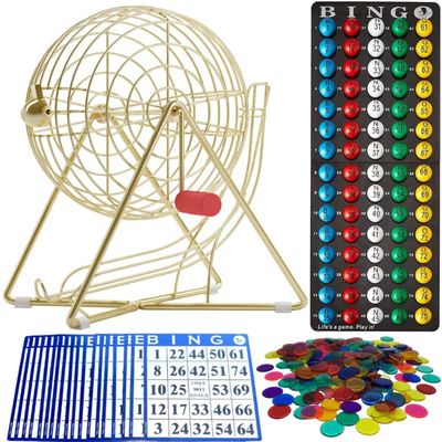 MR CHIPS 11" Tall Bingo Set with Steel Cage Professional Game Everlasting 7/8 Balls, 18 Cards and 300 Chips - Luxury Gold Color