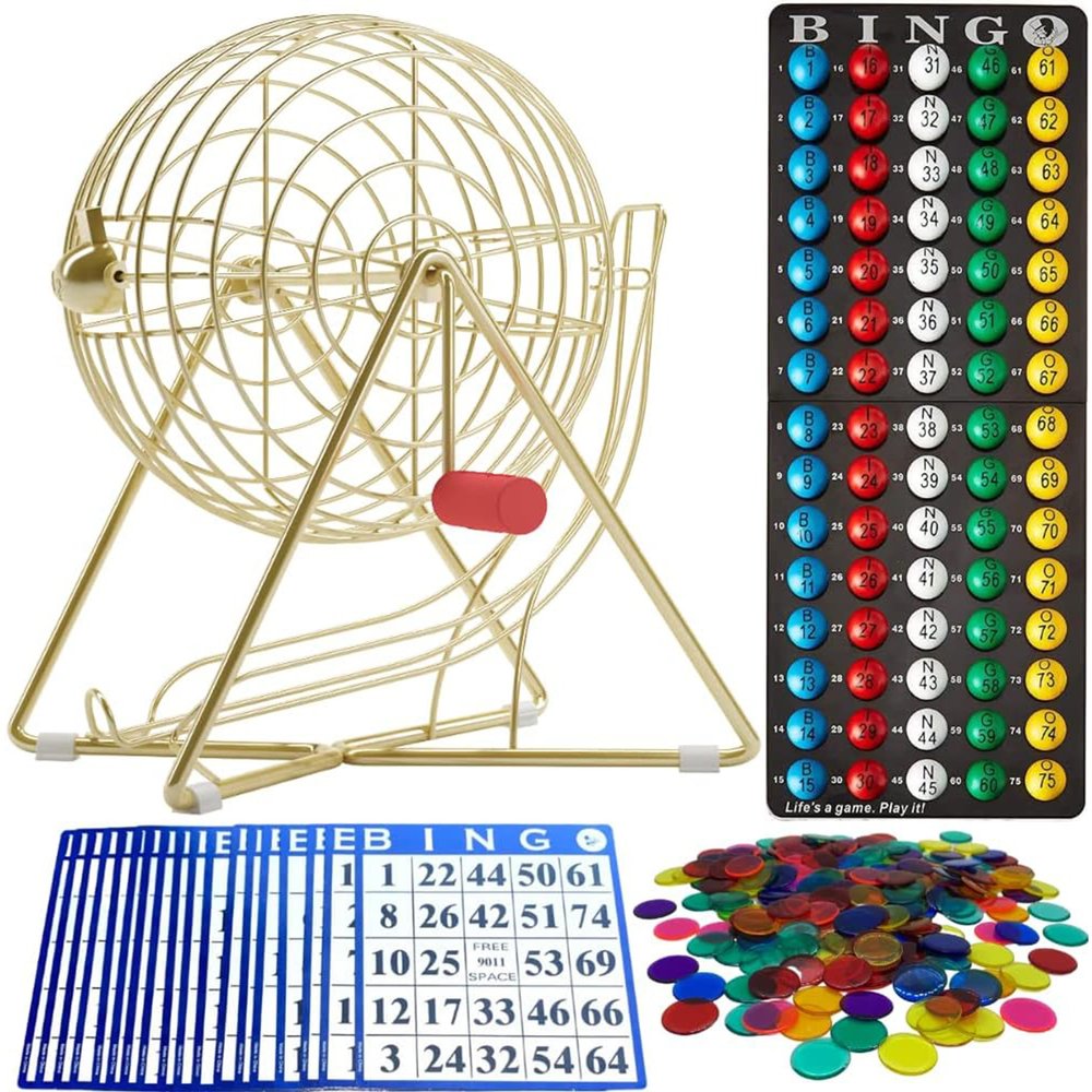 MR CHIPS 11" Tall Bingo Set with Steel Cage Professional Game Everlasting 7/8 Balls, 18 Cards and 300 Chips - Luxury Gold Color
