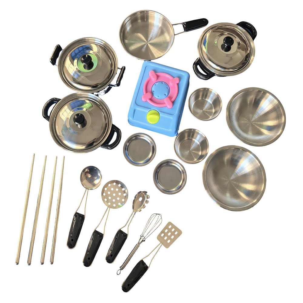 Miniature Toy 17-Piece Stainless Steel Pots and Pans Set , MAGIKON Pretend Play Kitchen Cooking Utensils Toy