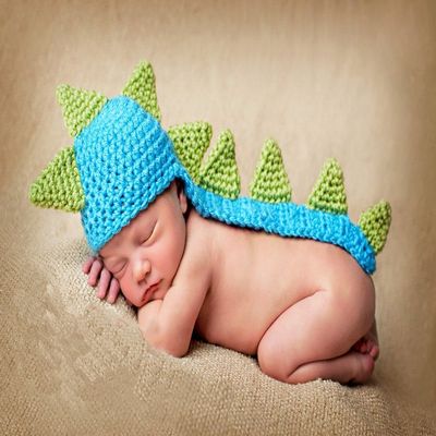 Baby Costume Photo Photography Prop Knit Crochet Beanie Animal Hat Cap Set (Blue Dinosaur)
