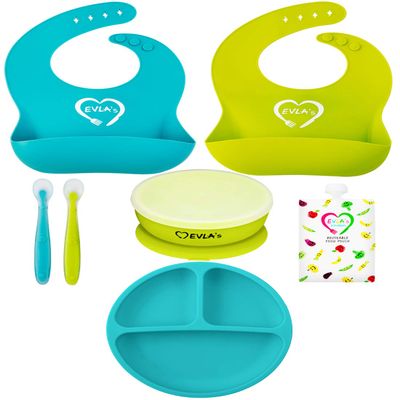EVLA'S Baby Feeding Set, Baby Led Weaning Supplies, Adjustable Silicone Bibs, Divided Plate, Suction Bowl with Lid, Soft Spoons for Babies or Toddlers, Baby Registry must have!(Blue and Green)