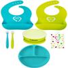 EVLA'S Baby Feeding Set, Baby Led Weaning Supplies, Adjustable Silicone Bibs, Divided Plate, Suction Bowl with Lid, Soft Spoons for Babies or Toddlers, Baby Registry must have!(Blue and Green) view 1