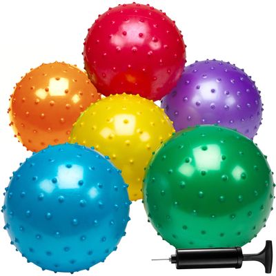 Bedwina Knobby Balls - (Pack of 6) Bulk 7 Inch Sensory and Spiky Massage Stress Balls for Toddlers, with Pump, Fun & Bouncy for Toddler, Kids Party Favors, Stocking Stuffers