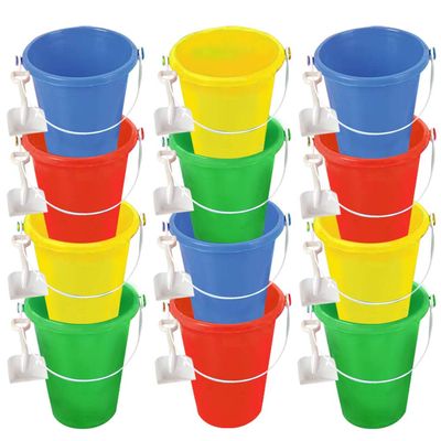 ArtCreativity 6 Inch Mini Plastic Beach Bucket and Shovel Set - Pack of 12 - Assorted Colors Buckets and White Shovels - Summer Beach Toys - Practical Gift, Party Favor and Prize