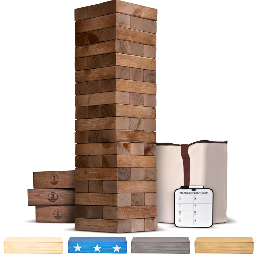 GoSports Giant Wooden Toppling Tower Includes Bonus Rules with Gameboard Made from Premium Brown Stained Blocks