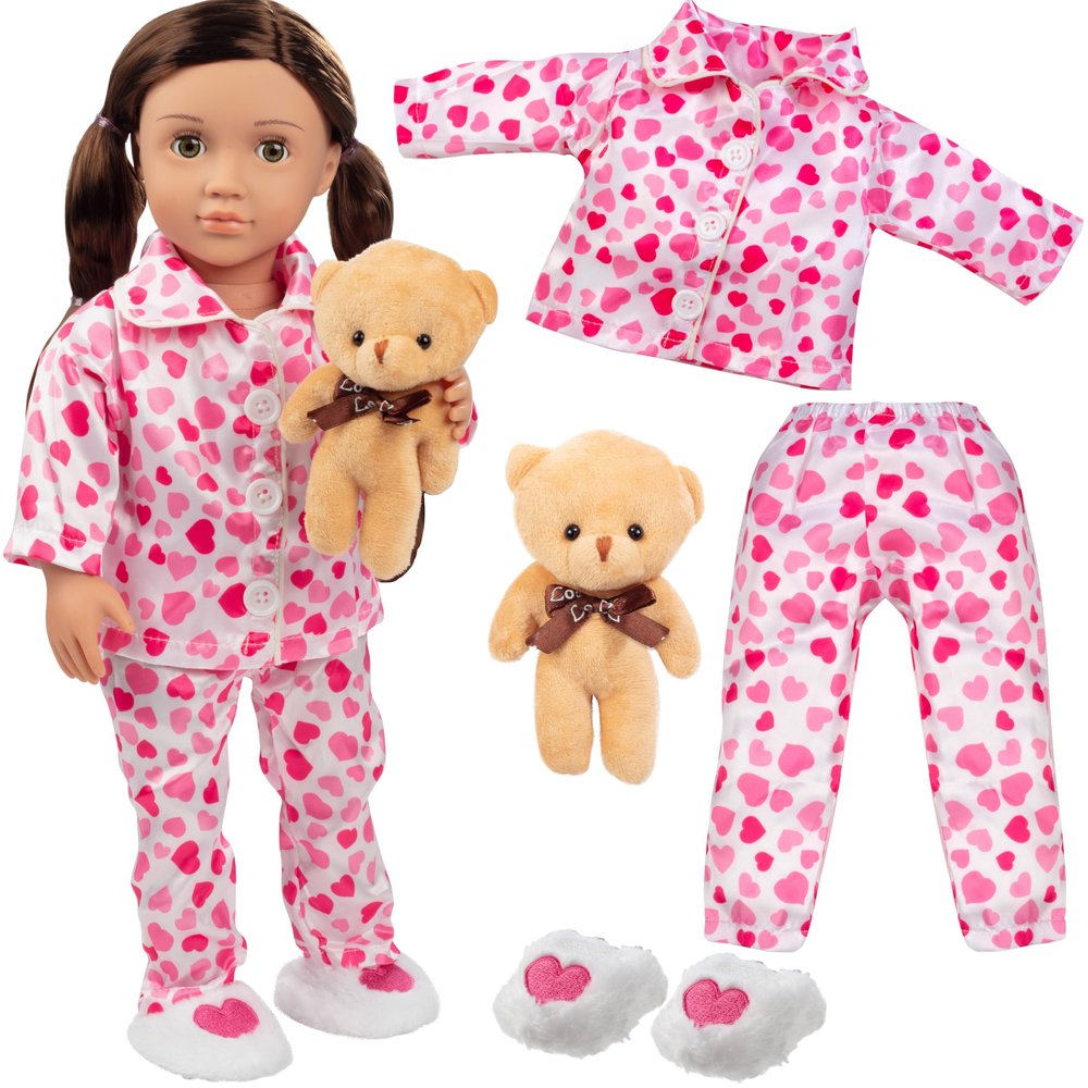 4pc Red & Pink Heart PJ Doll Outfit w Teddy Bear- 18" Doll Clothes & Accessories Compatible w American Girl Dolls- Set Includes Cozy Pajama Top & Bottom, Slippers, & Plush Toy- Gift Set for Girls