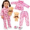4pc Red & Pink Heart PJ Doll Outfit w Teddy Bear- 18" Doll Clothes & Accessories Compatible w American Girl Dolls- Set Includes Cozy Pajama Top & Bottom, Slippers, & Plush Toy- Gift Set for Girls view 1