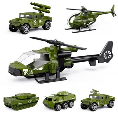 Die-cast Military Army Vehicles, 6 Pack Alloy Metal Toy Models Set - Tank, Helicopter, Panzer, Anti-Aircraft Vehicle, Gifts for Kids Boys Age 6 7 8 9 (1:87 Scale)