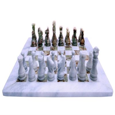 Italian White and Greeen Marble Chessboard Scacchiera Handmade Classic Table Chess Set with Pawns 40x40cm 16in